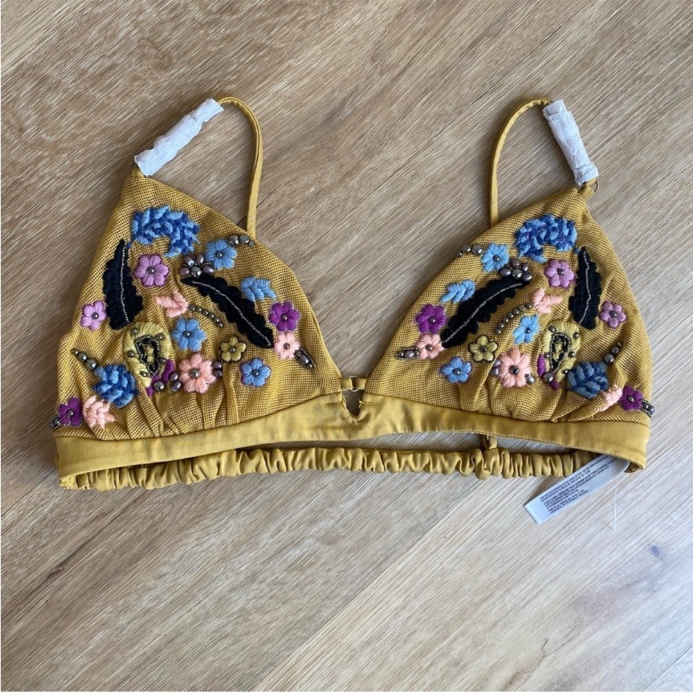 NEW Free People Calla Embellished Mesh Triangle Bralette in Mustard Yellow - Picture 4 of 5